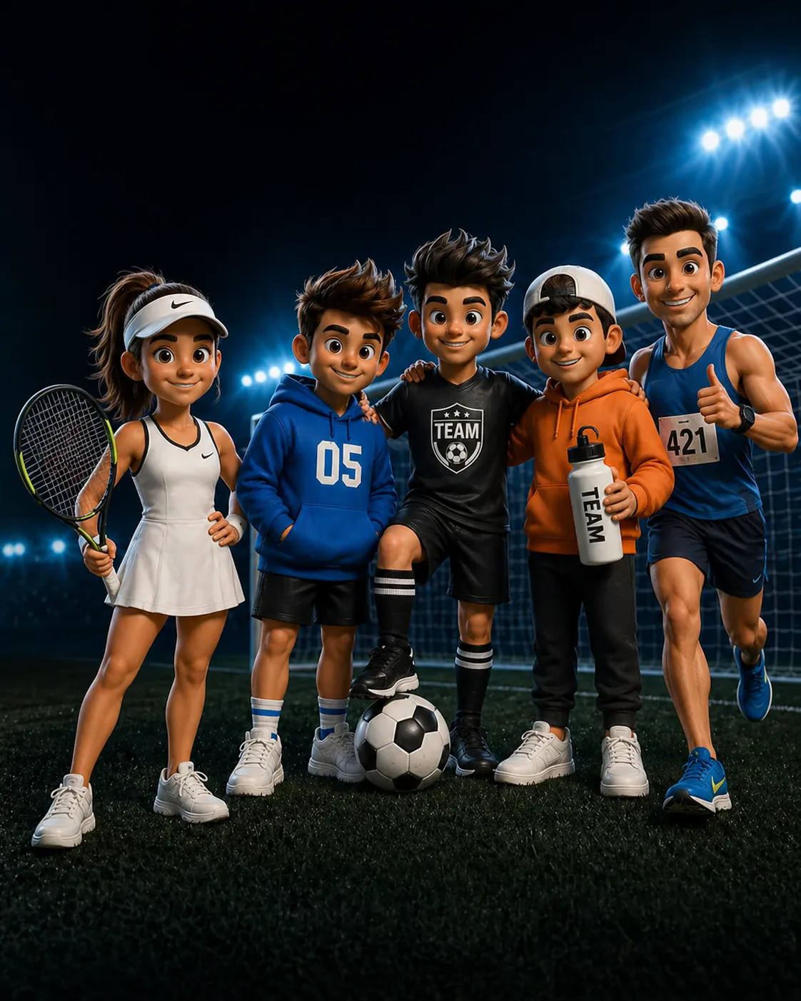 Drei stilisierte Teamfiguren im Stadion