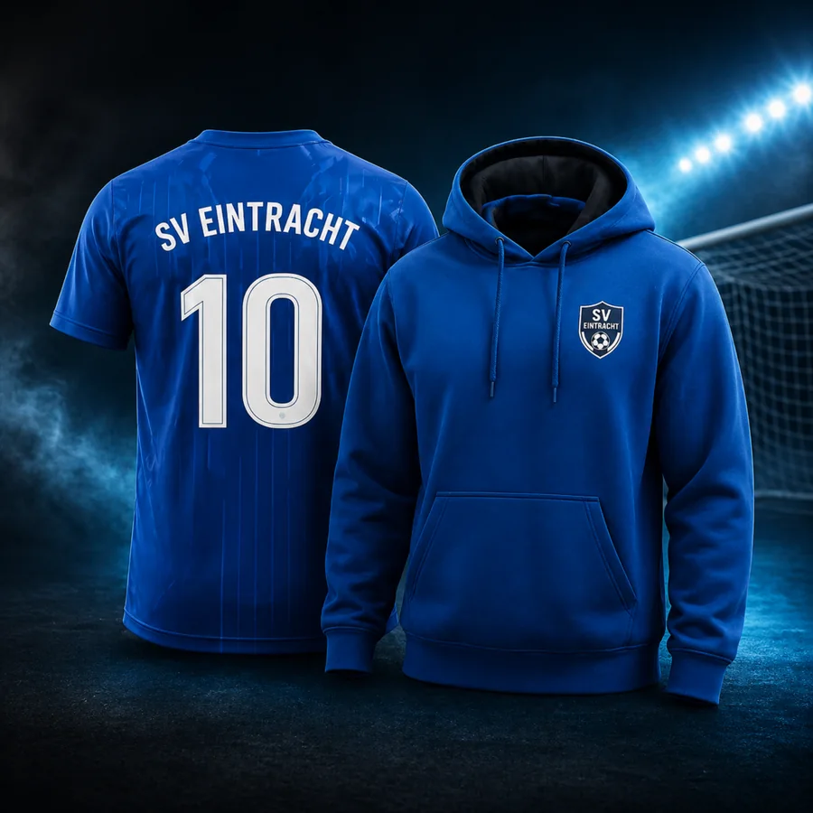 Blaues Trikot und Hoodie